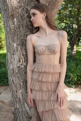 Robe longue bustier en tulle à volants étagés Leticia